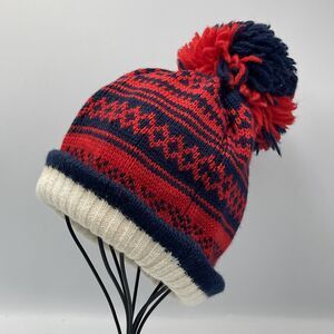 Vintage 90s SMILEY Red & Navy Blue 100% Wool Knit Ski Hat Pom Pom Ball Adult USA